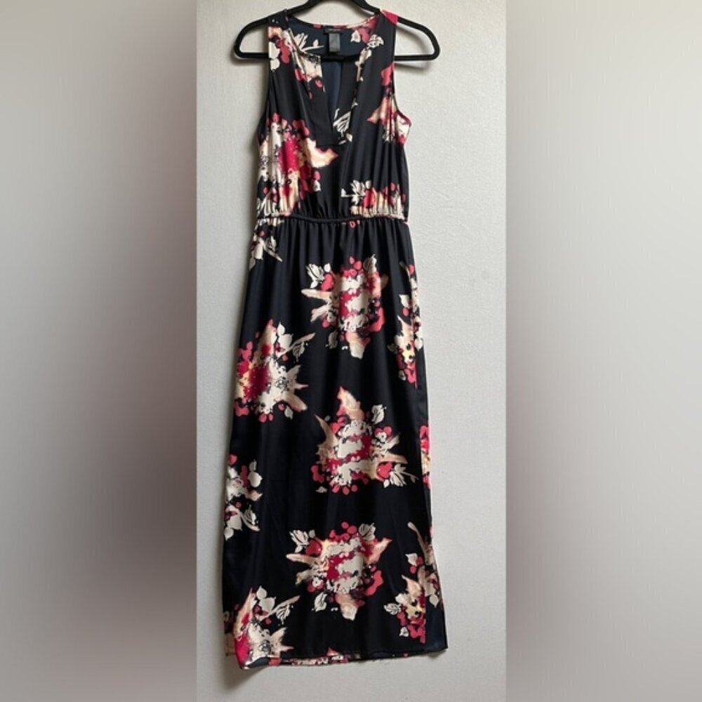 Ann Taylor Vintage Floral V Neck Sleeveless Maxi Dress Black Pink Sz XS